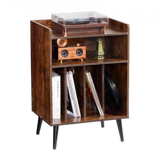 3-tier Turntable with LED Lights &amp; USB Ports Wooden Vinyl Shelf Brown | EU