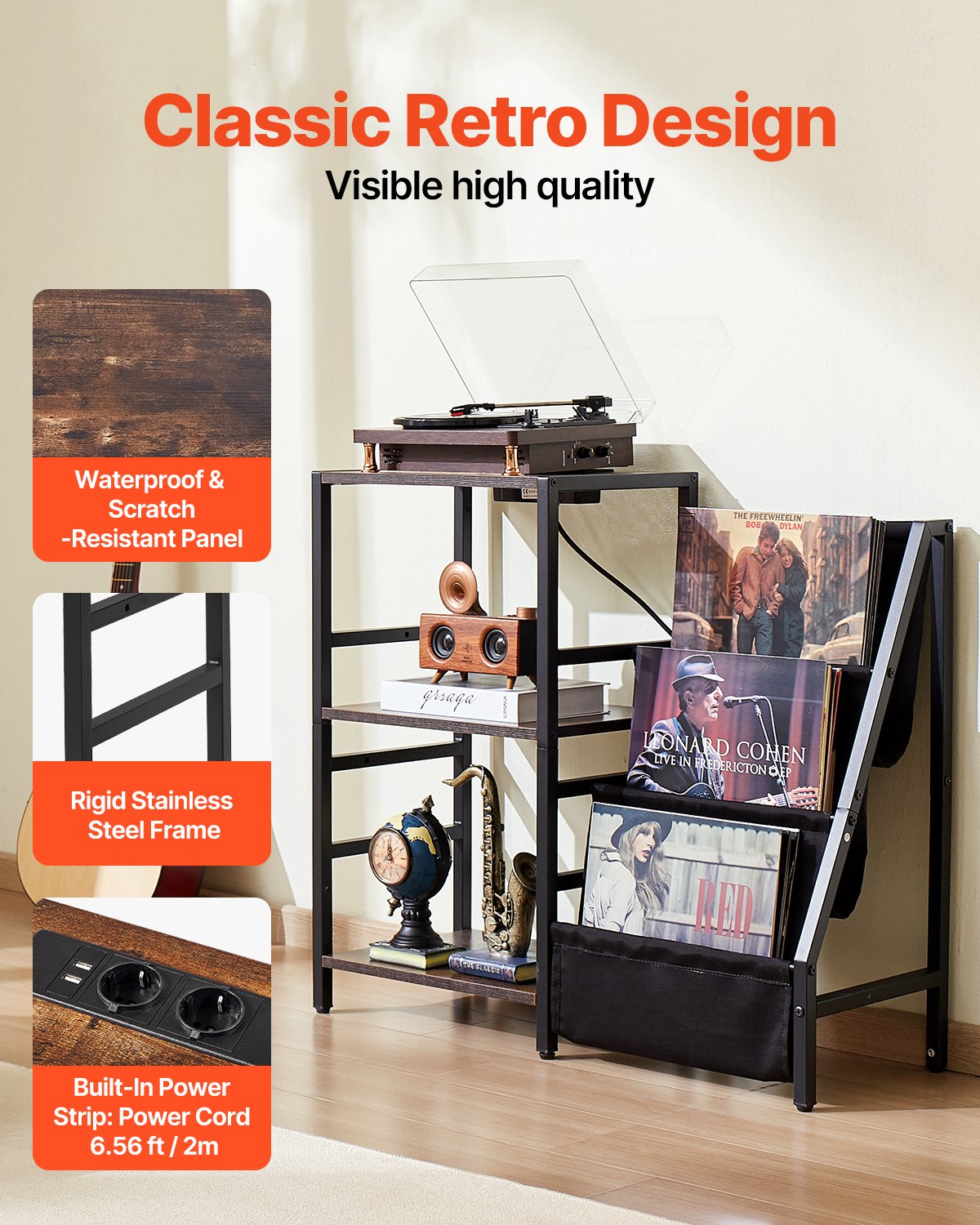 3 Tiers skivspelare med LED-ljus & USB-portar Metall Vinyl Hylla Svart