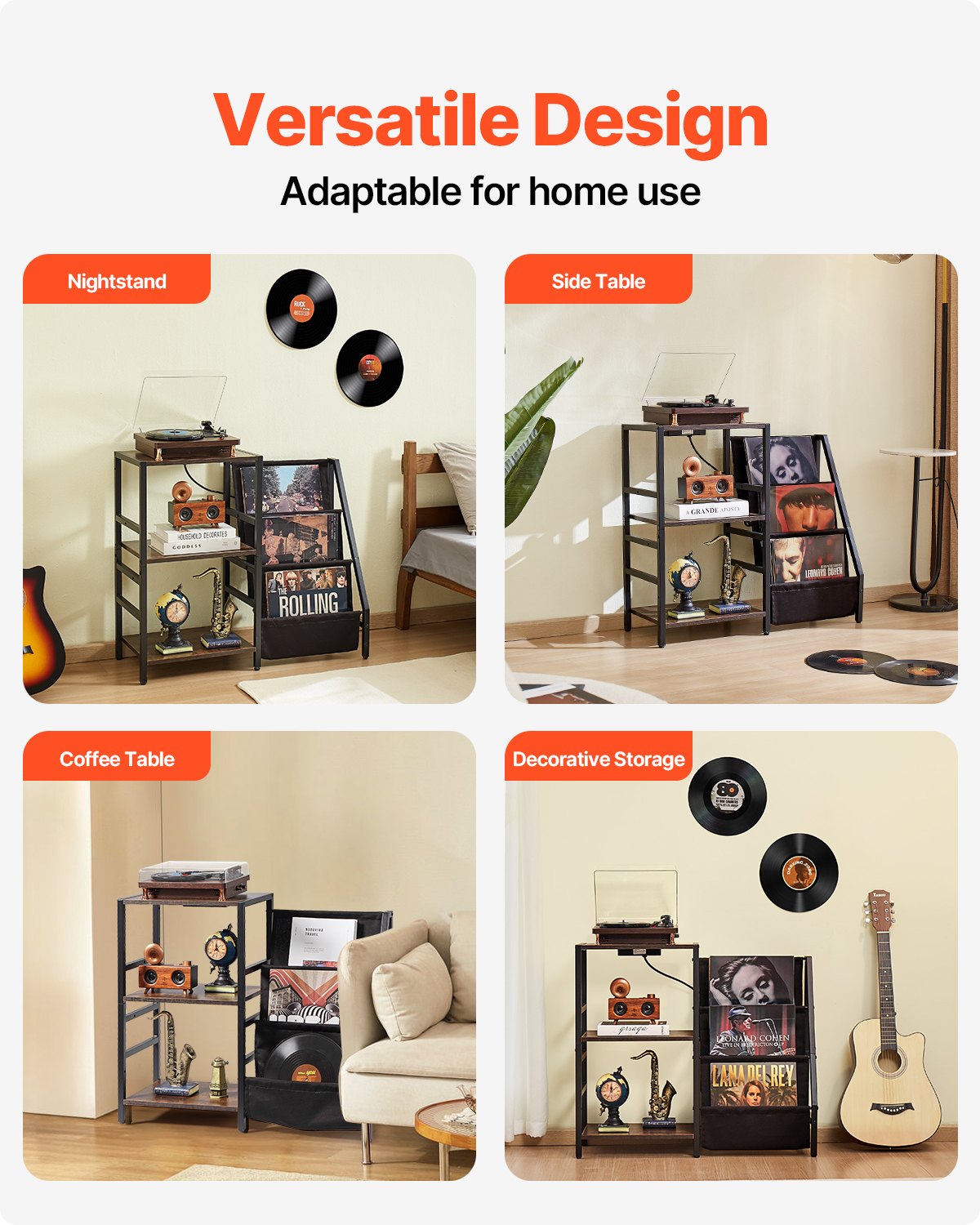 3 Tiers skivspelare med LED-ljus & USB-portar Metall Vinyl Hylla Svart