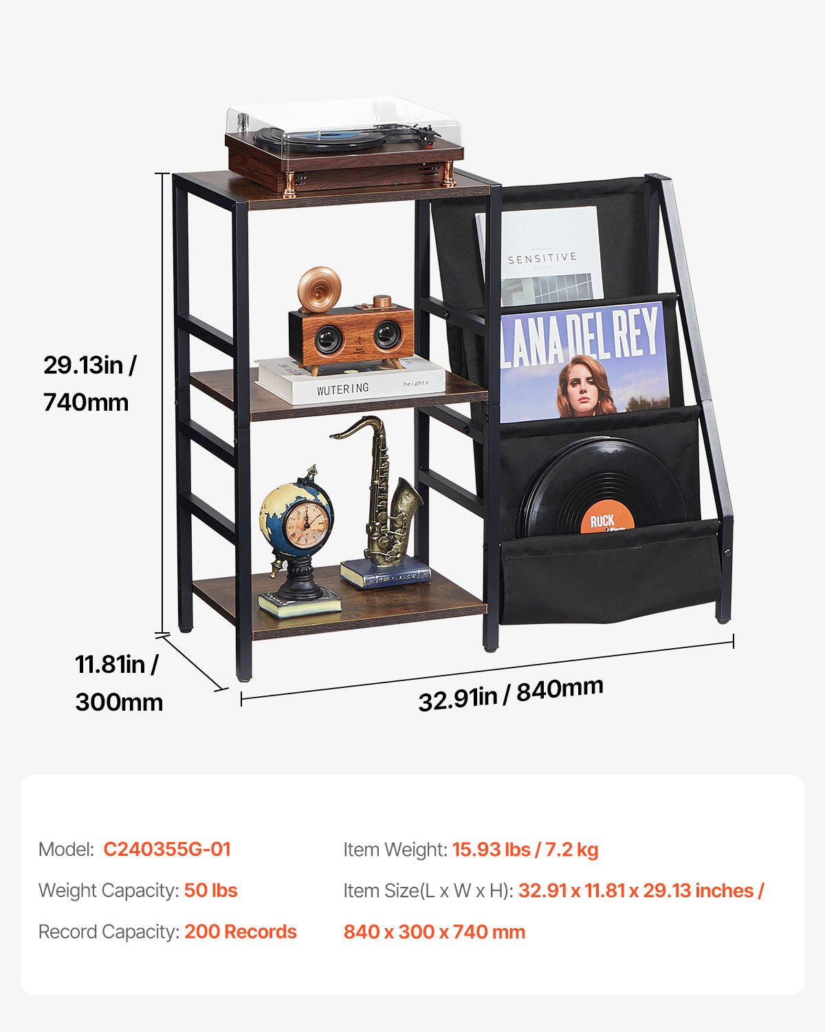 3 Tiers skivspelare med LED-ljus & USB-portar Metall Vinyl Hylla Svart