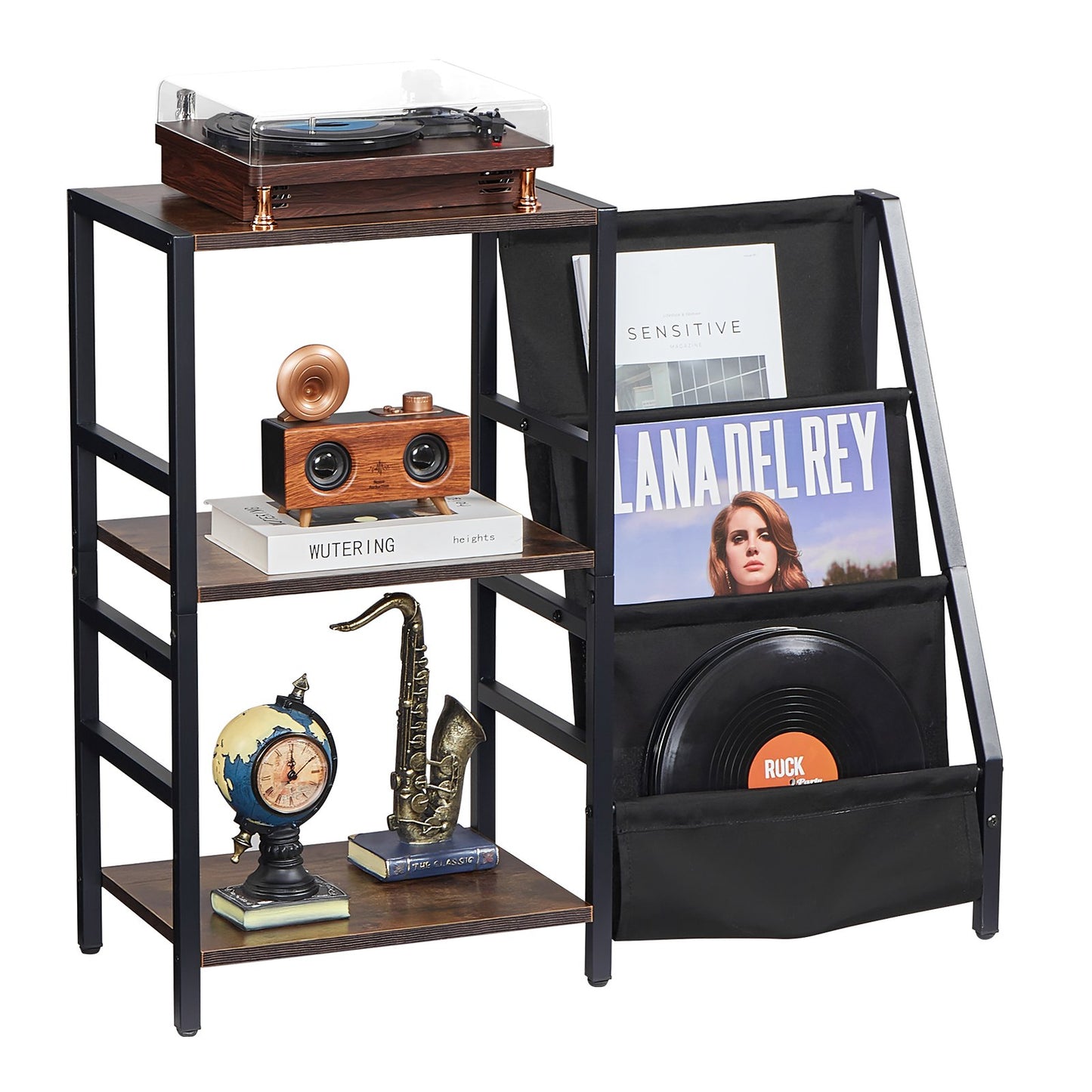 3 Tiers skivspelare med LED-ljus & USB-portar Metall Vinyl Hylla Svart