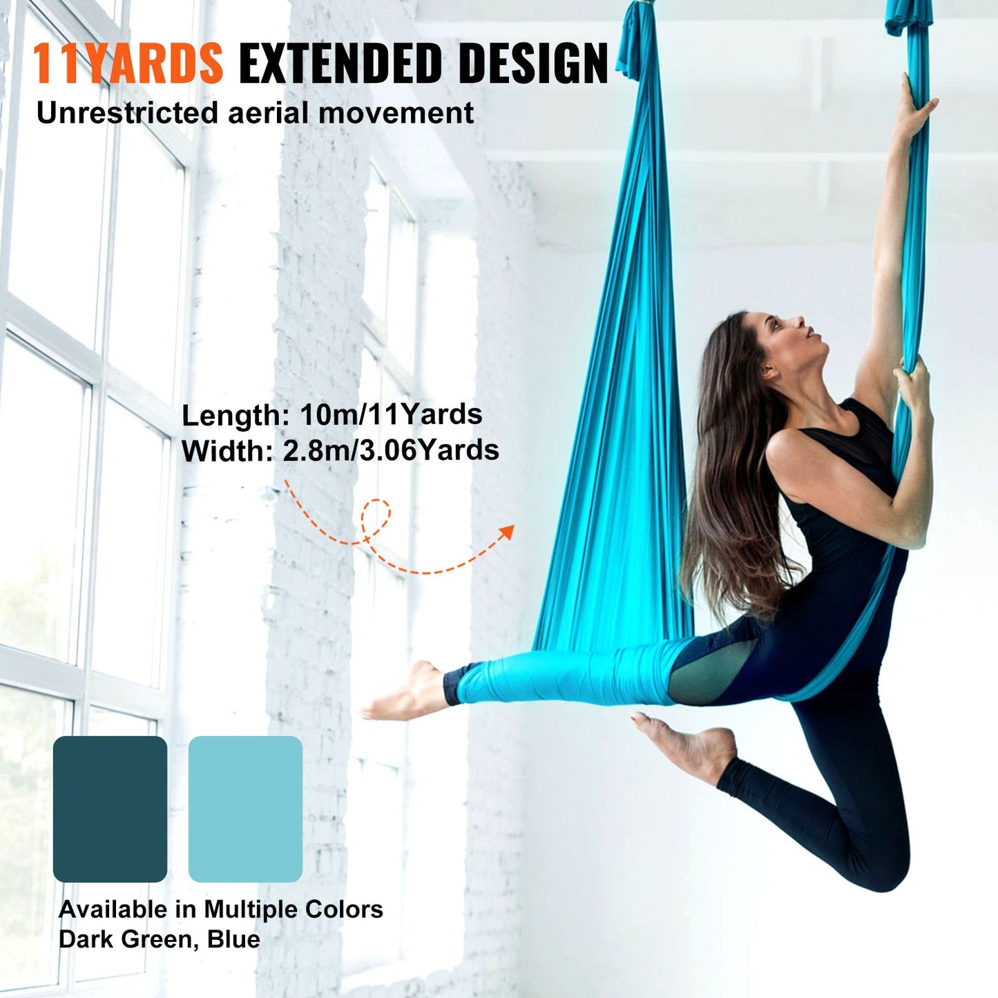 Aerial Silk & Yoga Swing, 11 Yards, Aerial Yoga Hammock Kit med 100gsm nylontyg, Full Rigging Hårdvara och enkel installationsguide, Antigravity Flying för alla nivåer Fitness Bodybuilding, Blå