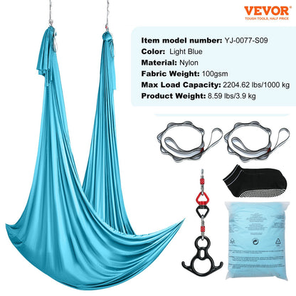 Aerial Silk & Yoga Swing, 11 Yards, Aerial Yoga Hammock Kit med 100gsm nylontyg, Full Rigging Hårdvara och enkel installationsguide, Antigravity Flying för alla nivåer Fitness Bodybuilding, Blå