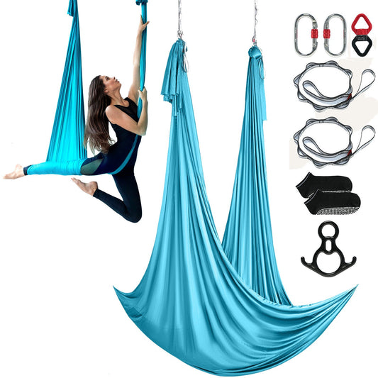 Aerial Silk & Yoga Swing, 11 Yards, Aerial Yoga Hammock Kit med 100gsm nylontyg, Full Rigging Hårdvara och enkel installationsguide, Antigravity Flying för alla nivåer Fitness Bodybuilding, Blå