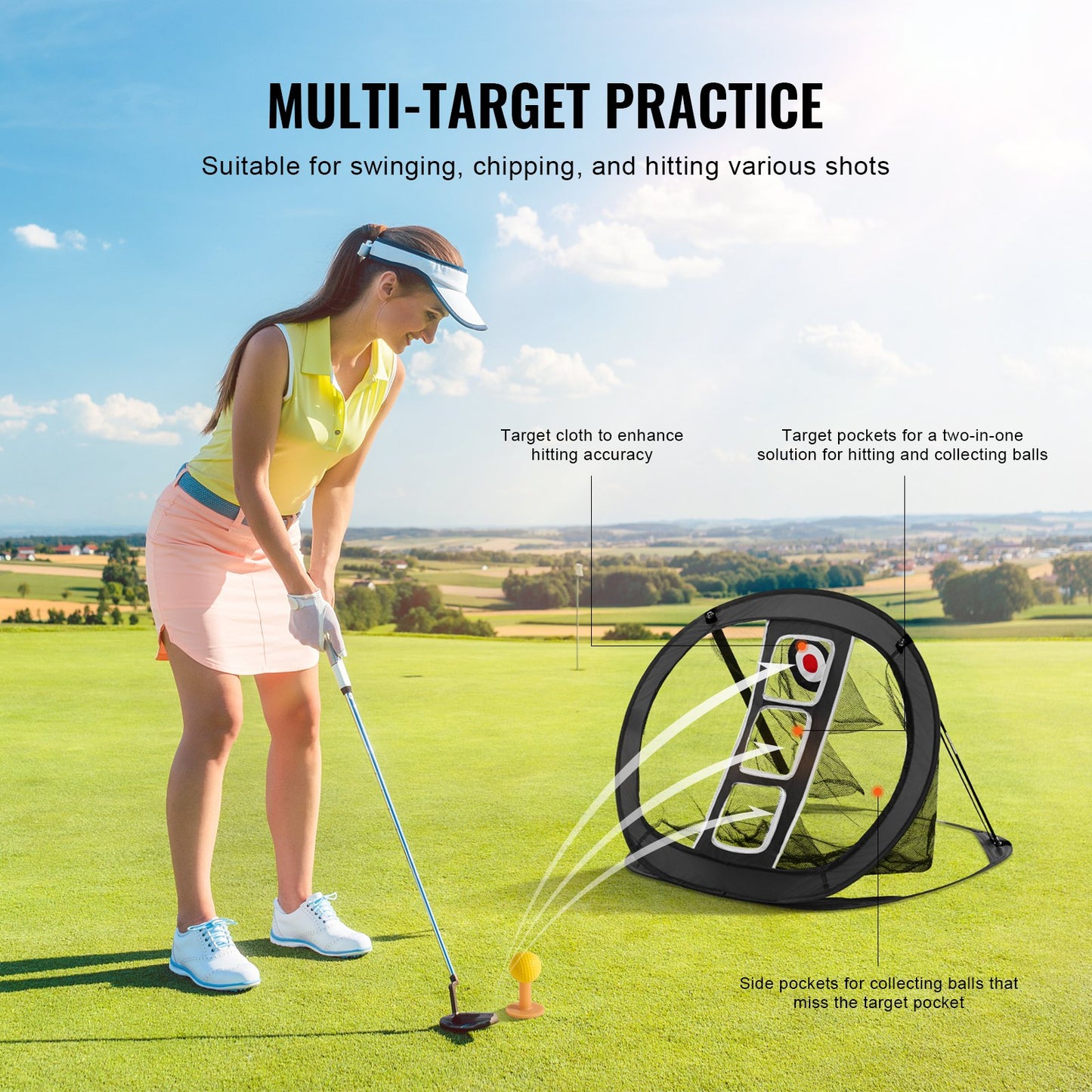 Golfchip-Netz, Pop-Up-Golf-Trainingsnetz, tragbares Golf-Schlaghilfenetz für drinnen und draußen mit Zielscheibe/Matte/Bällen/T-Shirt/Tragetasche, für den Trainingsschwung auf der Driving Range im Hinterhof, Geschenk für Männer, Schwarz