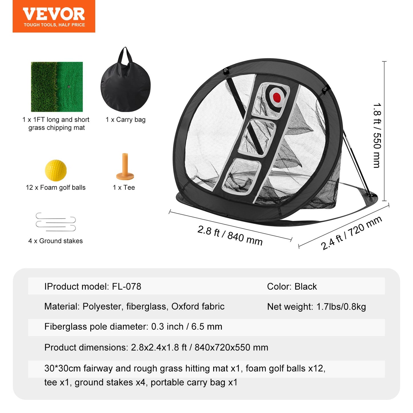 Golfchip-Netz, Pop-Up-Golf-Trainingsnetz, tragbares Golf-Schlaghilfenetz für drinnen und draußen mit Zielscheibe/Matte/Bällen/T-Shirt/Tragetasche, für den Trainingsschwung auf der Driving Range im Hinterhof, Geschenk für Männer, Schwarz