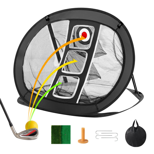 Golfflisnät, pop up golfträningsnät, portabelt inomhus utomhus golf träffhjälpsnät med mål/matta/bollar/tröja/bärväska, för körträningsgunga för bakgård, present för män, svart