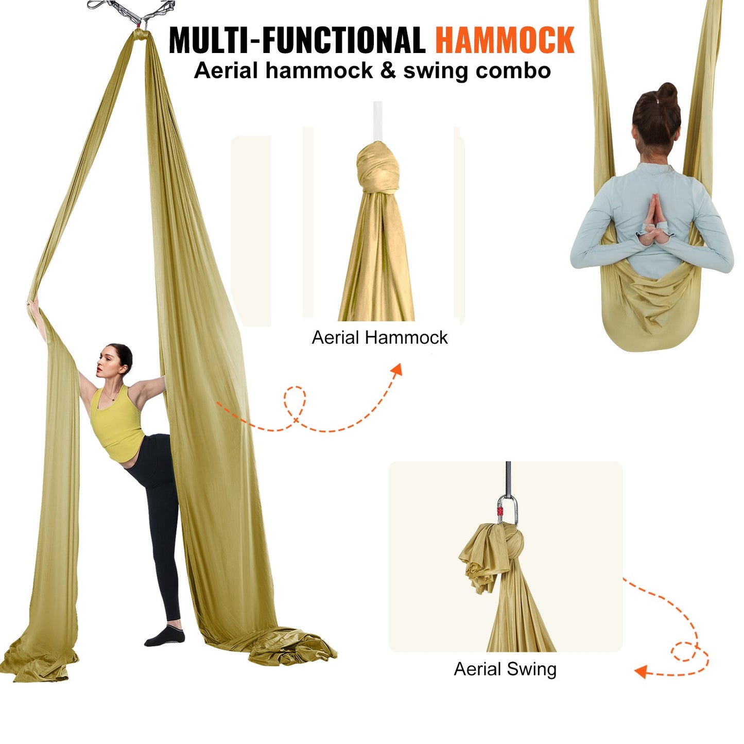Aerial Yoga Hängematte &amp; Schaukel, 4,4 Yards, Aerial Yoga Starter Kit mit 100 g/m² Nylongewebe, komplette Takelage-Hardware und einfache Installationsanleitung, Anti-Schwerkraftfliegen für Fitness-Bodybuilding aller Niveaus, Gold