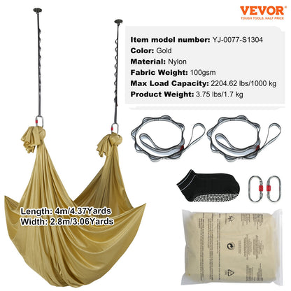Aerial Yoga Hängematte &amp; Schaukel, 4,4 Yards, Aerial Yoga Starter Kit mit 100 g/m² Nylongewebe, komplette Takelage-Hardware und einfache Installationsanleitung, Anti-Schwerkraftfliegen für Fitness-Bodybuilding aller Niveaus, Gold