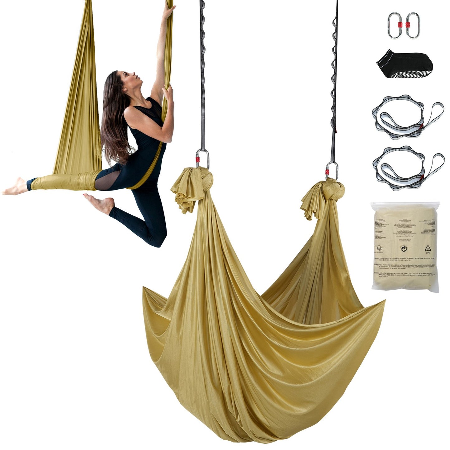 Aerial Yoga Hängematte &amp; Schaukel, 4,4 Yards, Aerial Yoga Starter Kit mit 100 g/m² Nylongewebe, komplette Takelage-Hardware und einfache Installationsanleitung, Anti-Schwerkraftfliegen für Fitness-Bodybuilding aller Niveaus, Gold