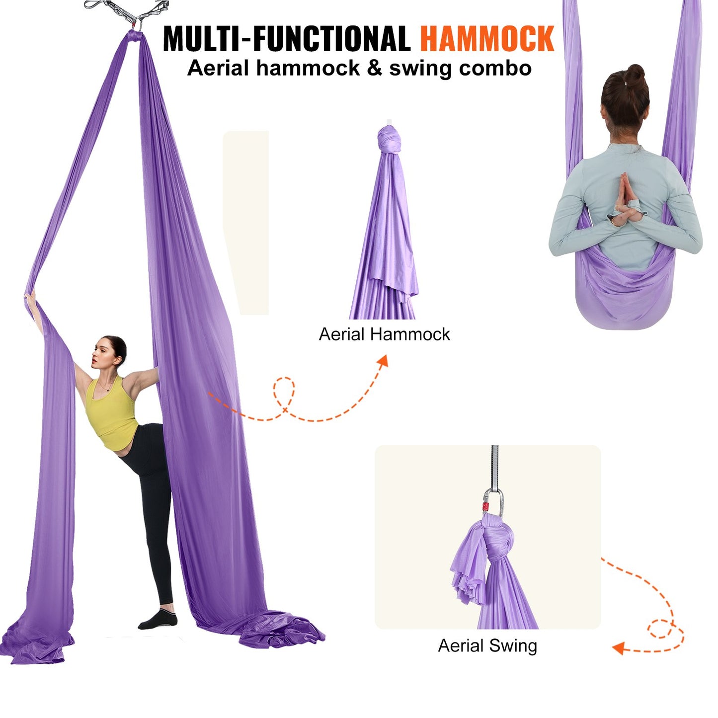 Aerial Yoga Hängmatta & Swing, 4,4 Yards, Yoga Starter Kit med 100gsm Nylontyg, Full Rigging Hårdvara och Enkel installationsguide, Antigravity Flying för alla nivåer Fitness Bodybuilding, Lila