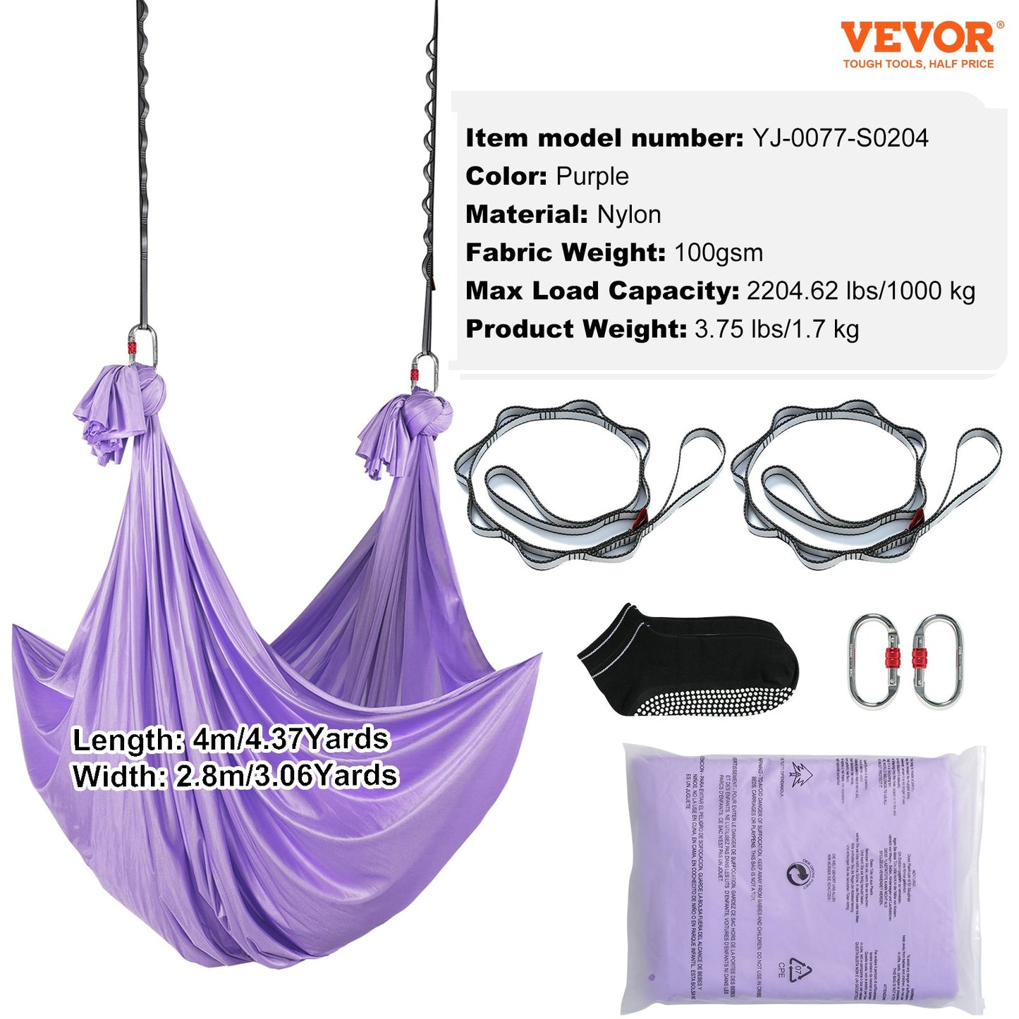 Aerial Yoga Hängmatta & Swing, 4,4 Yards, Yoga Starter Kit med 100gsm Nylontyg, Full Rigging Hårdvara och Enkel installationsguide, Antigravity Flying för alla nivåer Fitness Bodybuilding, Lila