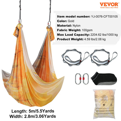 Aerial Yoga Hängmatta & Swing, 5,5 Yards, Aerial Yoga Starter Kit med 100gsm nylontyg, Full Rigging Hårdvara & Enkel installationsguide, Antigravity Flying för alla nivåer Fitness Bodybuilding, Guld
