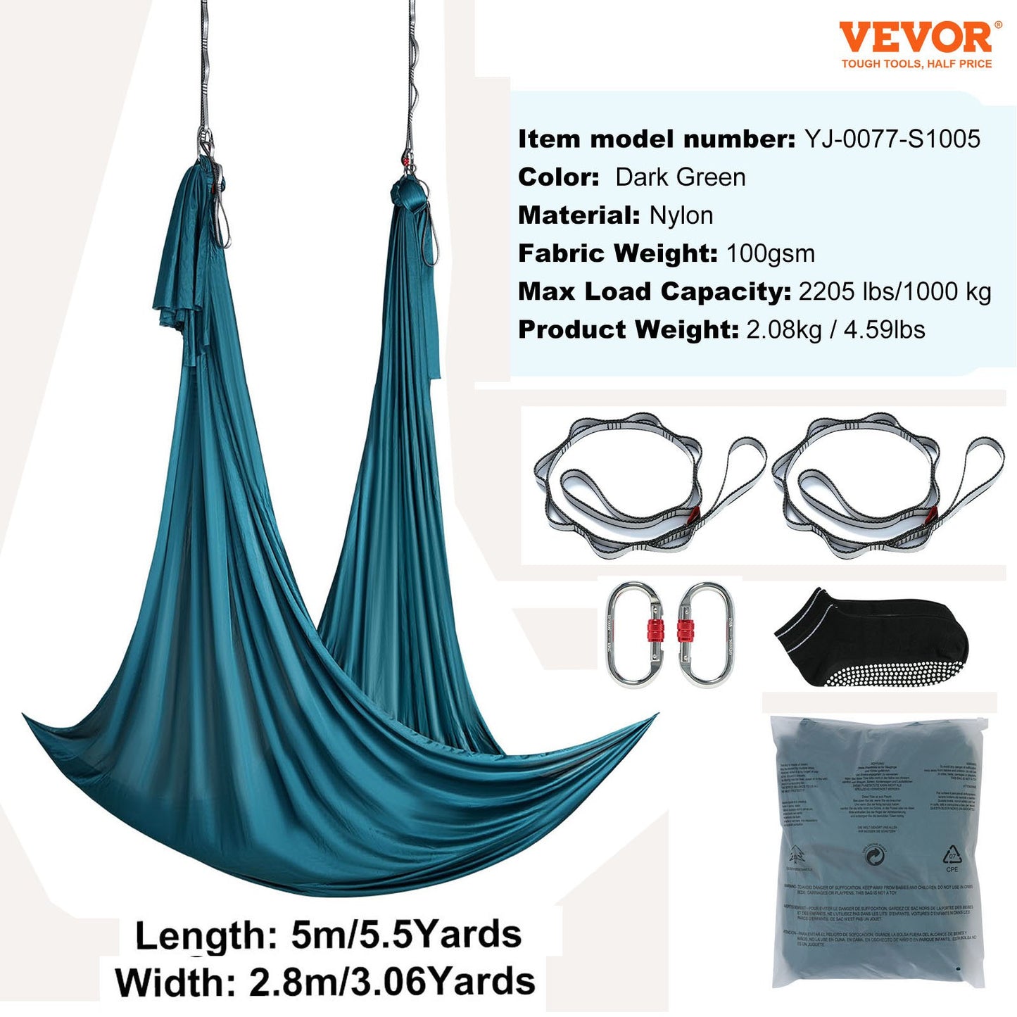 Aerial Yoga Hängematte &amp; Schaukel, 5,5 Yards, Aerial Yoga Starter Kit mit 100 g/m² Nylongewebe, komplette Takelage-Hardware und einfache Installationsanleitung, Anti-Schwerkraftfliegen für Fitness-Bodybuilding aller Niveaus, Grün
