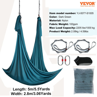 Aerial Yoga Hängematte &amp; Schaukel, 5,5 Yards, Aerial Yoga Starter Kit mit 100 g/m² Nylongewebe, komplette Takelage-Hardware und einfache Installationsanleitung, Anti-Schwerkraftfliegen für Fitness-Bodybuilding aller Niveaus, Grün