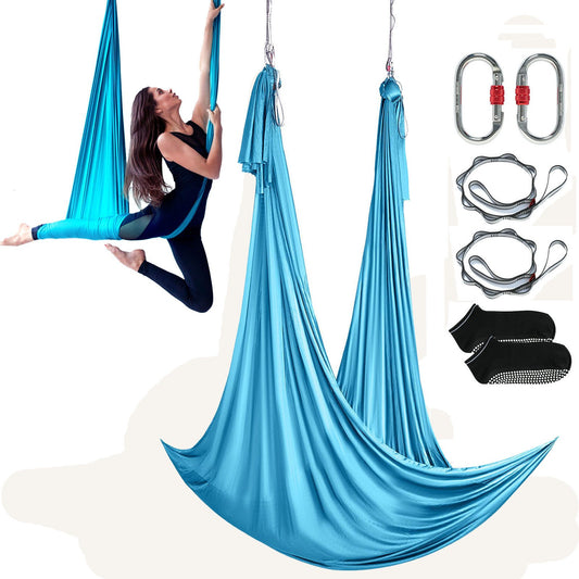 Aerial Yoga Hammock &amp; Swing, 5.5 Yards, Aerial Yoga Starter Kit with 100gsm Nylon Fabric, Full Rigging Hardware &amp; Easy Installation Guide, Antigravity Flying for All Levels Fitness Bodybuilding, Blue