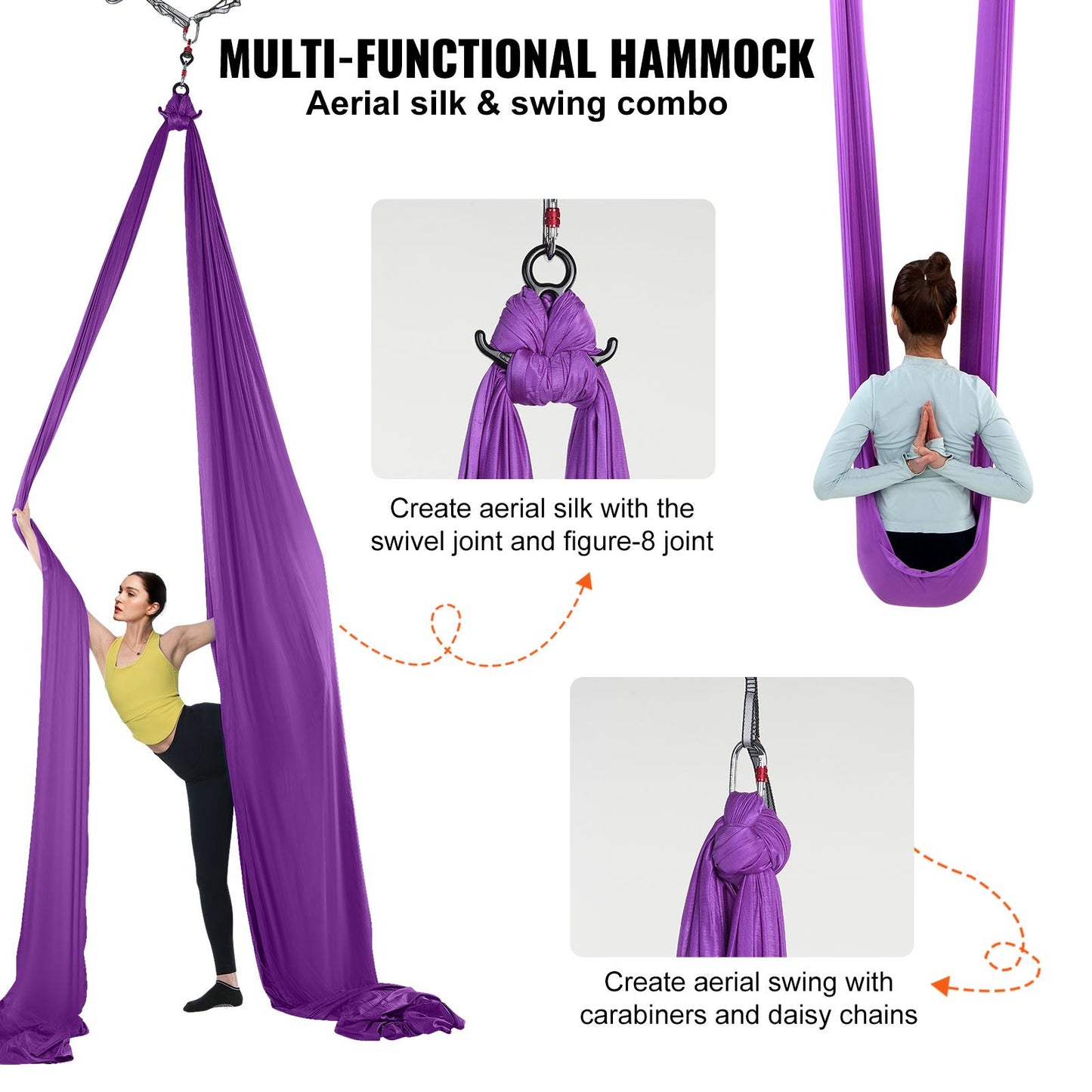Aerial Silk & Yoga Swing, 8,7 Yards, Aerial Yoga Hängmatta Kit med 100gsm nylontyg, Full Rigging Hårdvara & Enkel installationsguide, Antigravity Flying för alla nivåer Fitness Bodybuilding, Lila