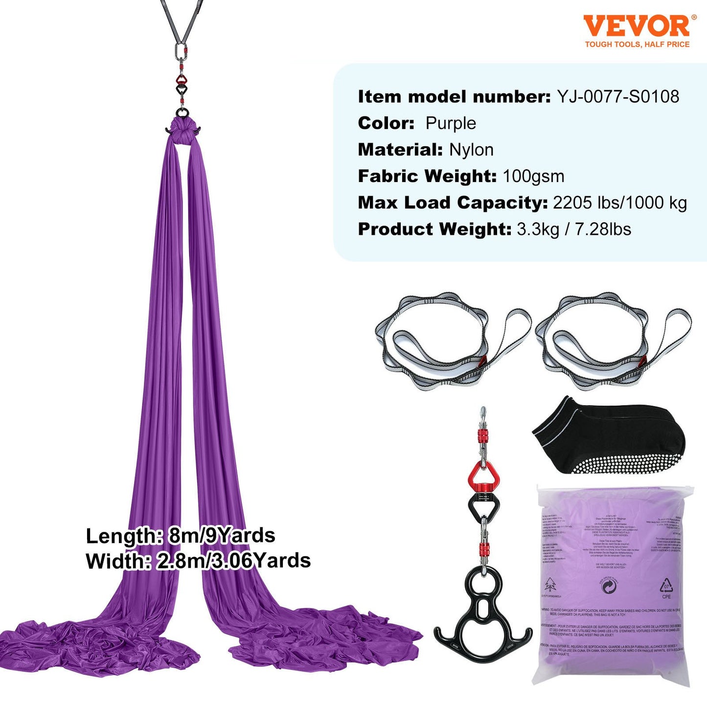 Aerial Silk & Yoga Swing, 8,7 Yards, Aerial Yoga Hängmatta Kit med 100gsm nylontyg, Full Rigging Hårdvara & Enkel installationsguide, Antigravity Flying för alla nivåer Fitness Bodybuilding, Lila