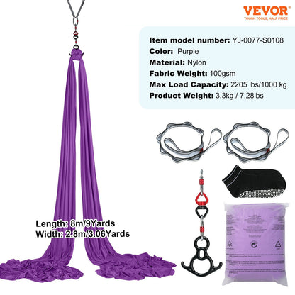 Aerial Silk & Yoga Swing, 8,7 Yards, Aerial Yoga Hängmatta Kit med 100gsm nylontyg, Full Rigging Hårdvara & Enkel installationsguide, Antigravity Flying för alla nivåer Fitness Bodybuilding, Lila