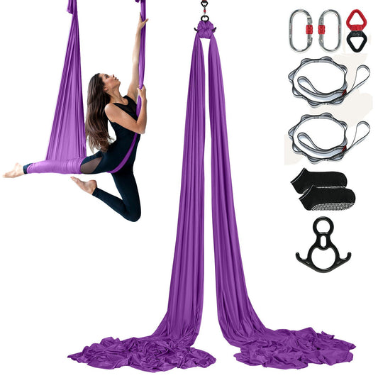 Aerial Silk &amp; Yoga Swing, 8.7 Yards, Aerial Yoga Hammock Kit with 100gsm Nylon Fabric, Full Rigging Hardware &amp; Easy Installation Guide, Antigravity Flying for All Levels Fitness Bodybuilding, Purple