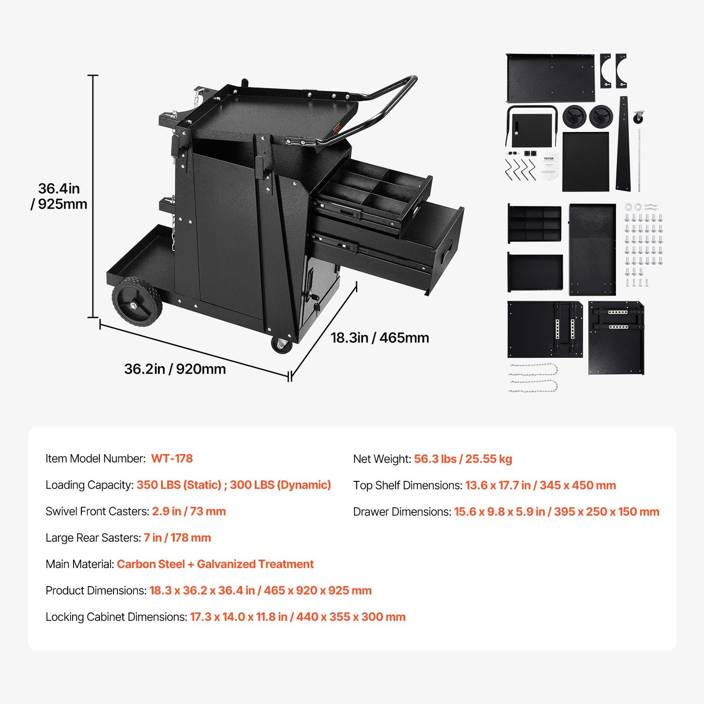 Svetsvagn 2 Lådor Svetsvagn Heavy Duty med låsbart skåp 350LBS