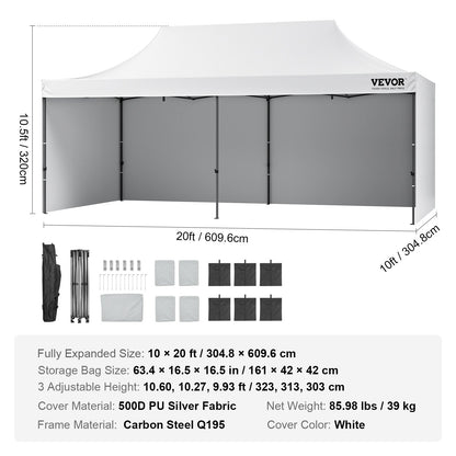 Pop Up Canopy Tent Outdoor Gazebo Tent 10x20FT with Sidewalls &amp; Bag White