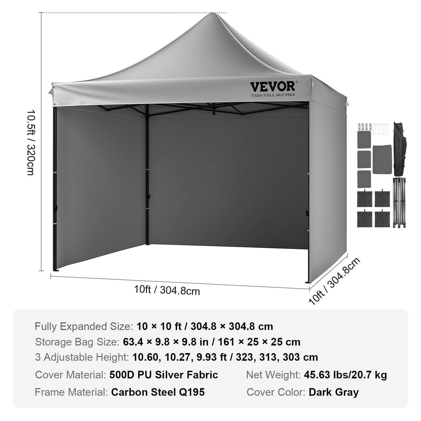Pop Up Canopy Tent Outdoor Gazebo Tent 304.8 x 304.8 cm with Side Walls Dark Gray