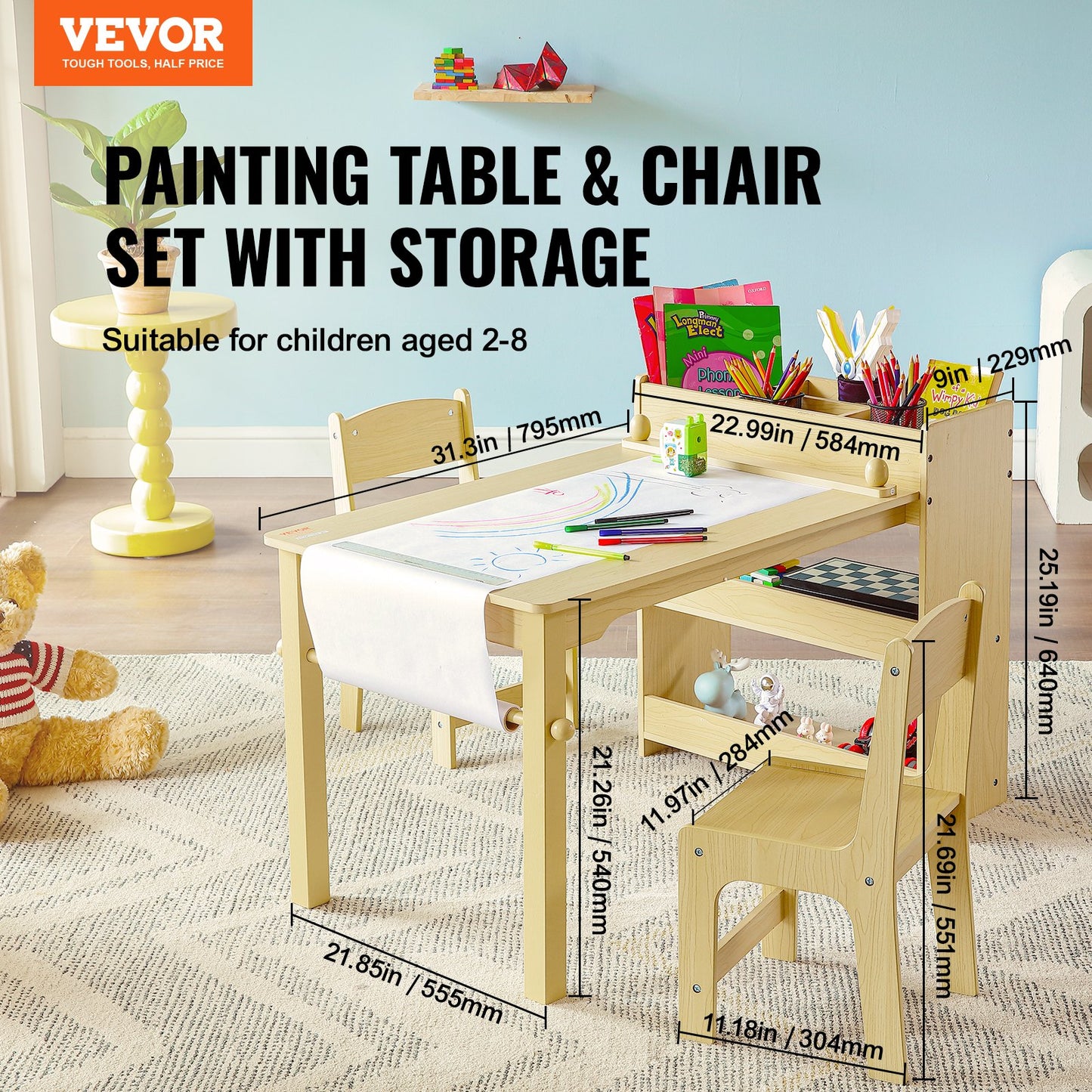 Kids Art table and 2 chairs Toddler craft and play table with a cabinet