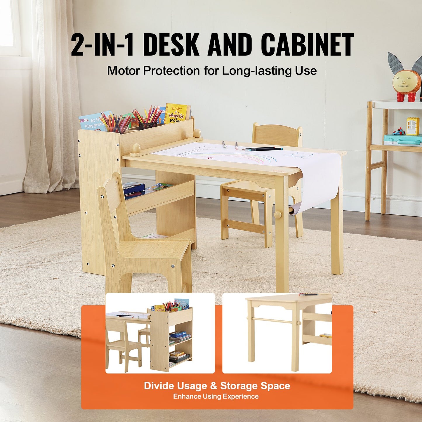 Kids Art table and 2 chairs Toddler craft and play table with a cabinet
