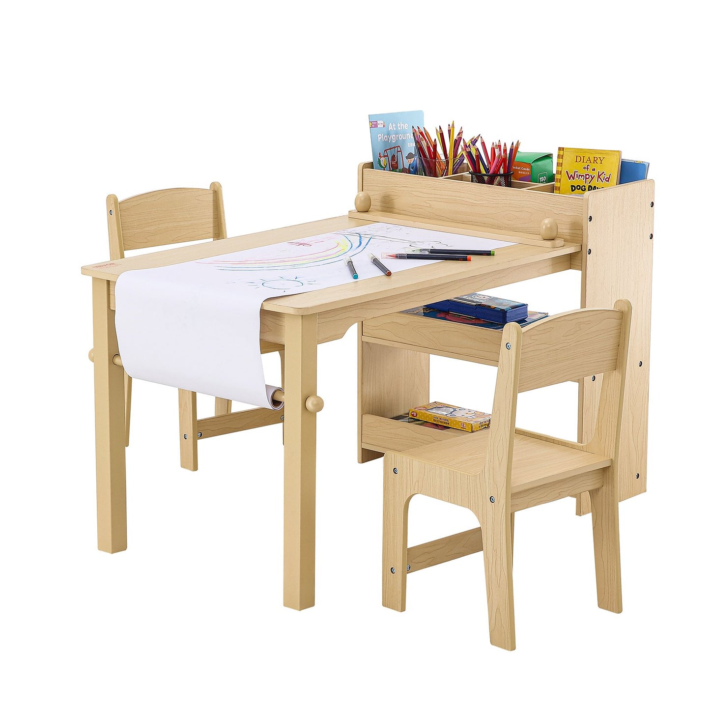 Kids Art table and 2 chairs Toddler craft and play table with a cabinet