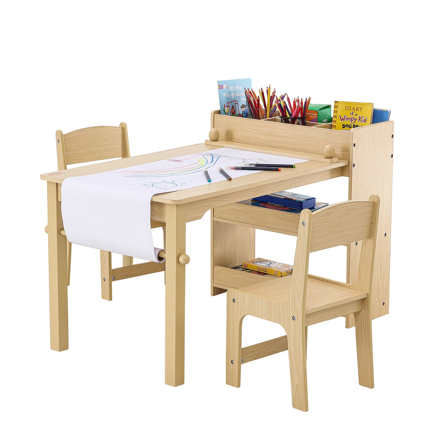 Kids Art table and 2 chairs Toddler craft and play table with a cabinet