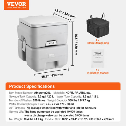 Portable Toilet Flush Travel Camping 5.3 Gal Commode Potty with Carry Bag
