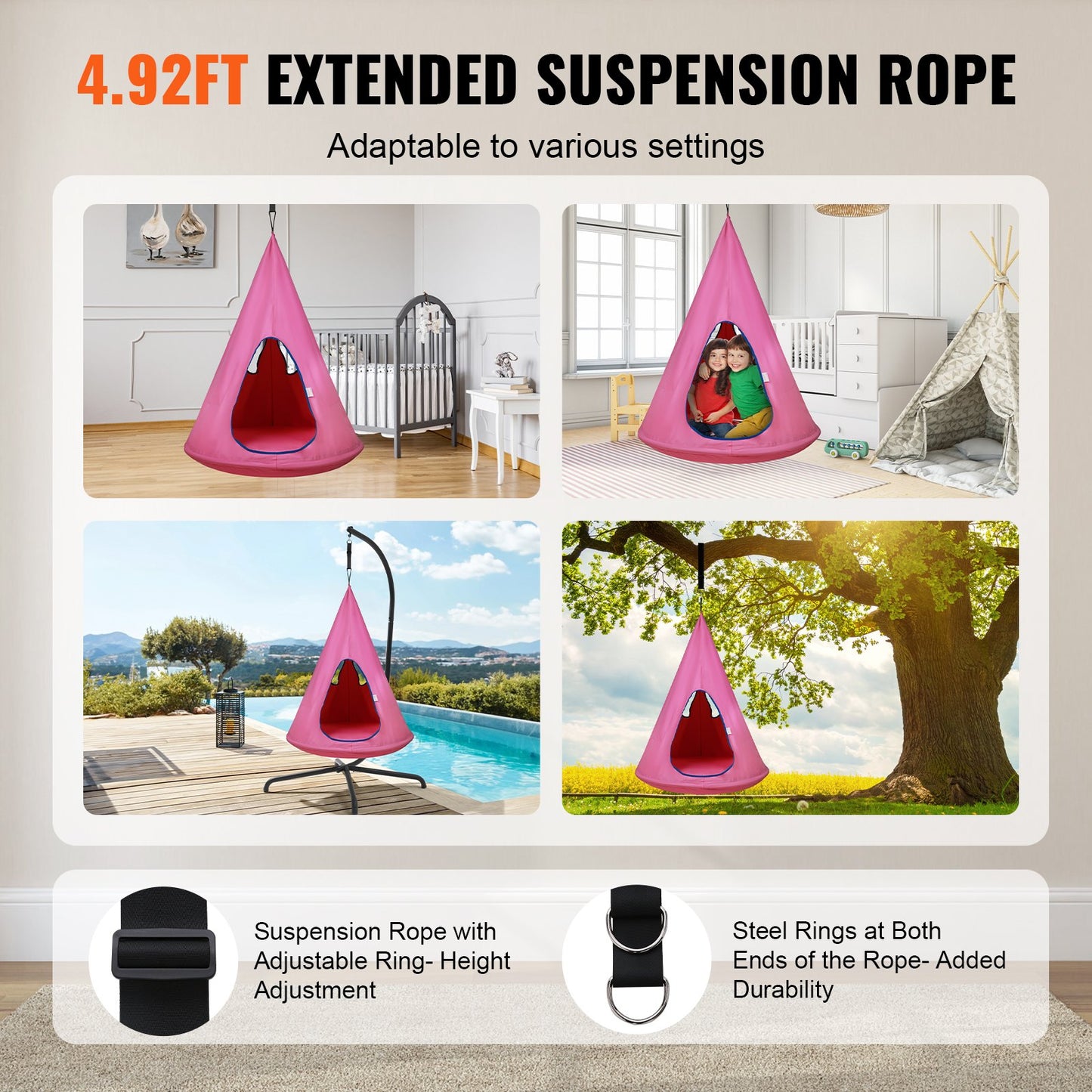 Kinderneststuhl, Hängesessel mit verstellbarem Seil, Hängesessel für Kinder drinnen und draußen (99,1 cm T x 132,1 cm H), 113,3 kg Gewichtskapazität, Rosa