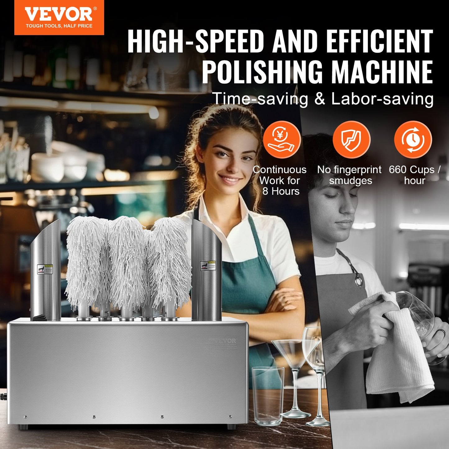 Wine glass polisher 8-brush polishing machine 660 cups/h for bar restaurant