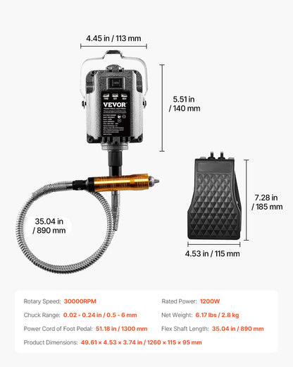 Flex Shaft Grinder 1200W 30000RPM with foot pedal and 31 accessories