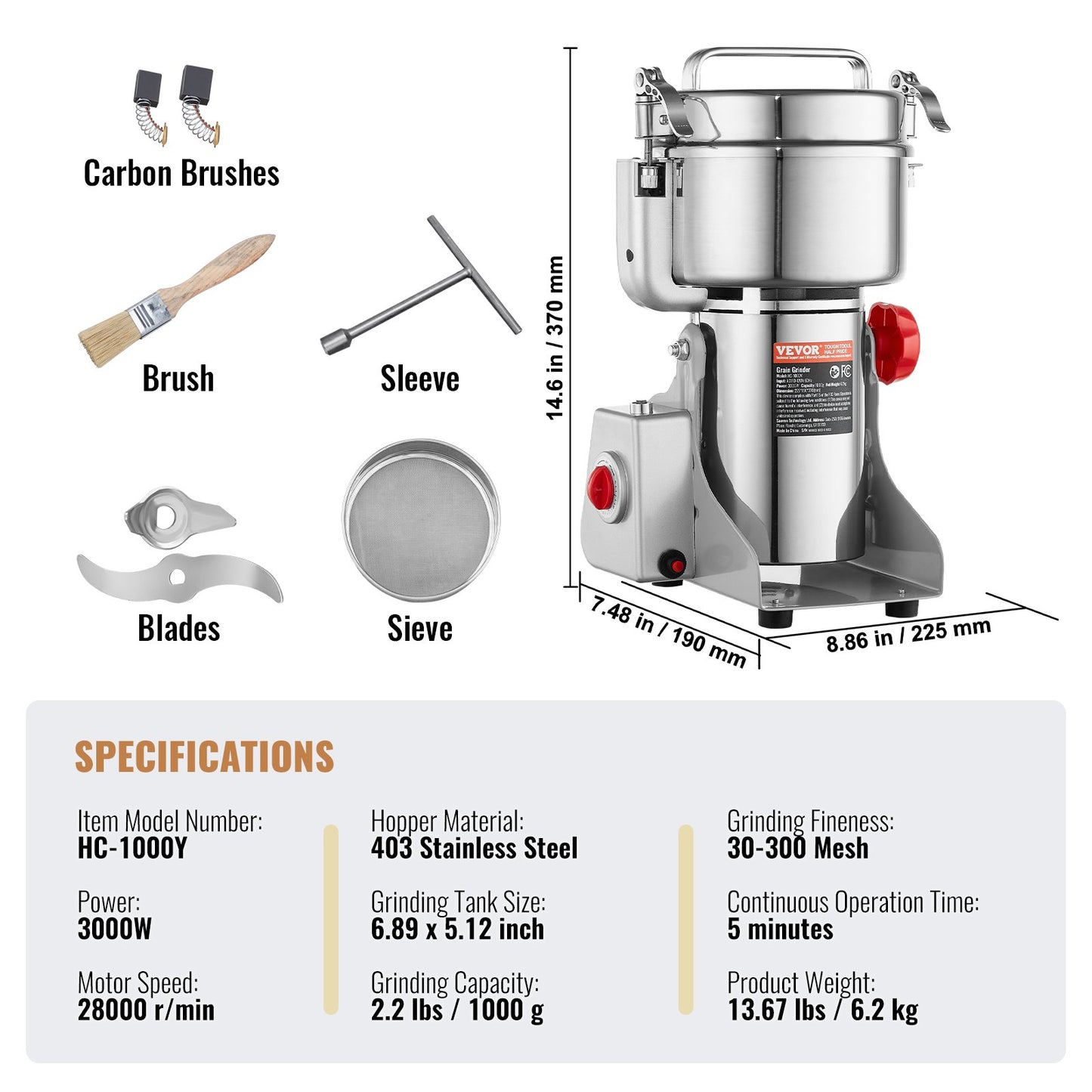 1000g Commercial Spice Grinder Electric Grain Grinder High Speed Grinder