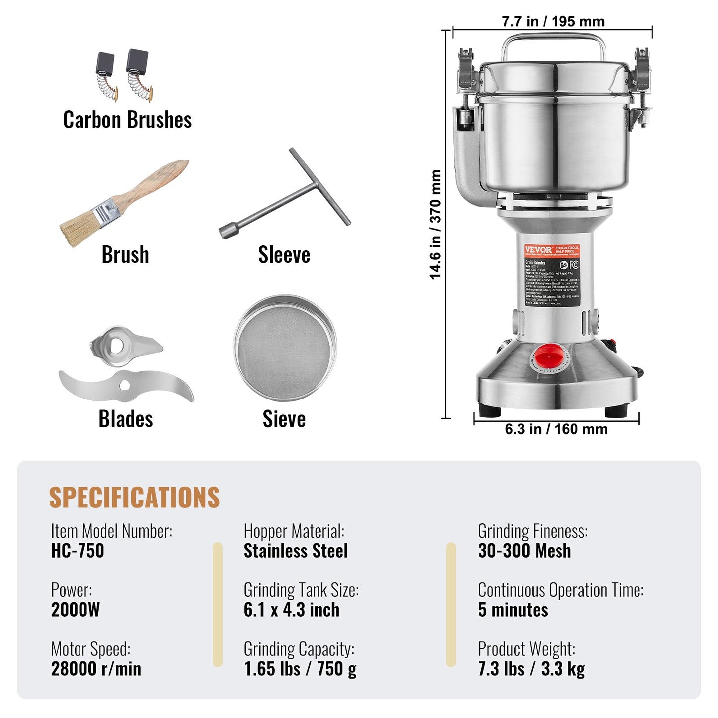 750g Commercial Spice Grinder Electric Grain Grinder High Speed