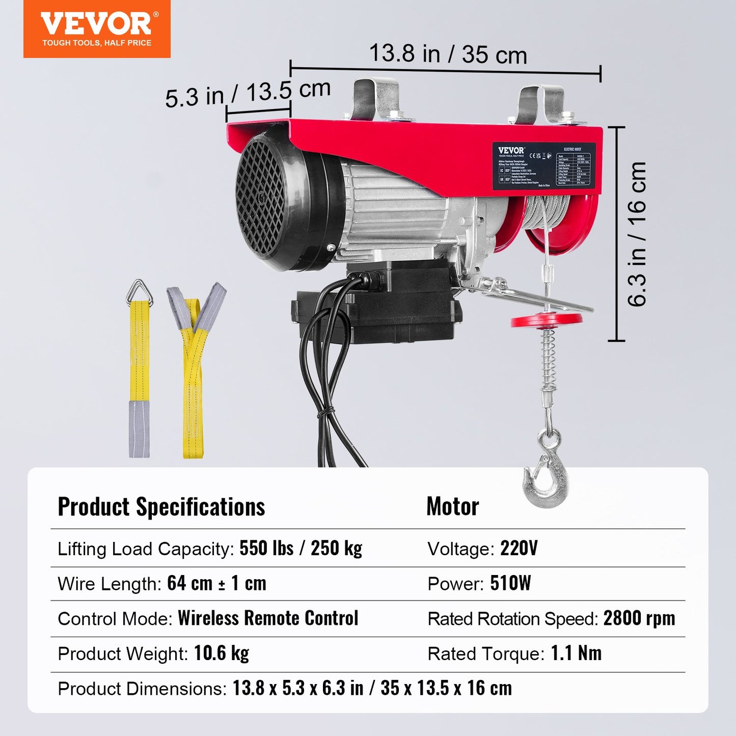 Electric Hoist, 550 lbs Lifting Capacity, 510W 220V Electric Wire Rope Winch with Wireless Remote Control, 40ft Single Cable Lifting Height and Pure Copper Motor, for Garage Warehouse Factory