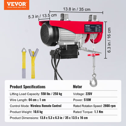 Electric Hoist, 550 lbs Lifting Capacity, 510W 220V Electric Wire Rope Winch with Wireless Remote Control, 40ft Single Cable Lifting Height and Pure Copper Motor, for Garage Warehouse Factory