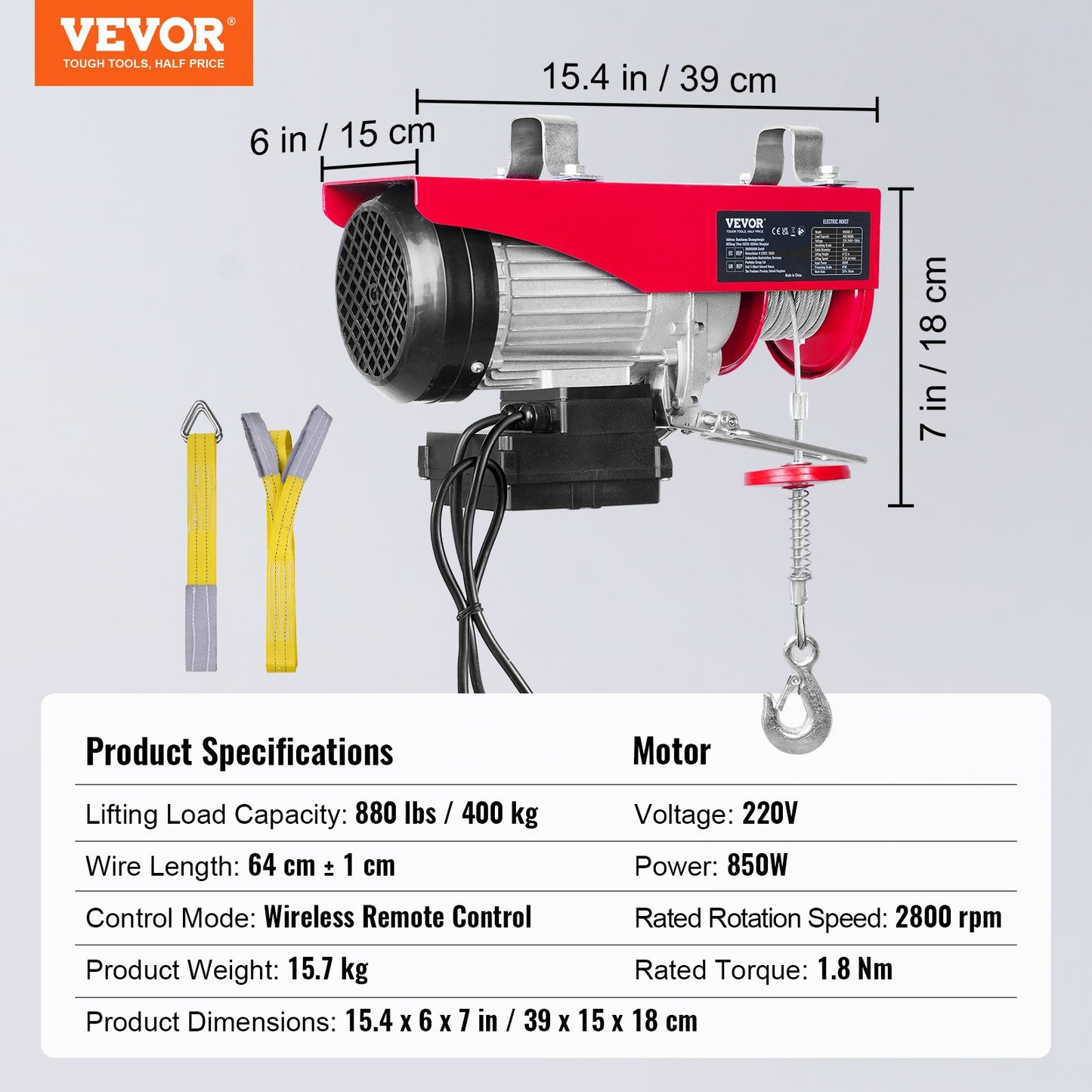 Electric Hoist, 880 lbs Lifting Capacity, 850W 220V Electric Wire Rope Winch with Wireless Remote Control, 40ft Single Cable Lifting Height and Pure Copper Motor, for Garage Warehouse Factory