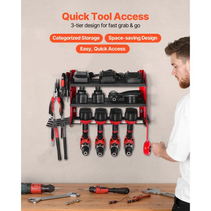 Väggmonterad verktygsorganisatör, 3-lagers förvaringsställ med 4 borrhållare, verktygshållare och förvaringsställ med sidoplatta, verktygsorganisatör för garage, arbetsbänk och verkstad |  EU