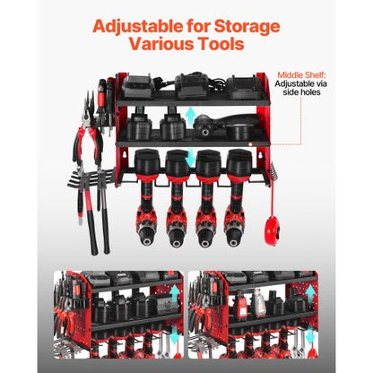 Väggmonterad verktygsorganisatör, 3-lagers förvaringsställ med 4 borrhållare, verktygshållare och förvaringsställ med sidoplatta, verktygsorganisatör för garage, arbetsbänk och verkstad |  EU