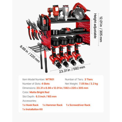 Väggmonterad verktygsorganisatör, 3-lagers förvaringsställ med 4 borrhållare, verktygshållare och förvaringsställ med sidoplatta, verktygsorganisatör för garage, arbetsbänk och verkstad |  EU