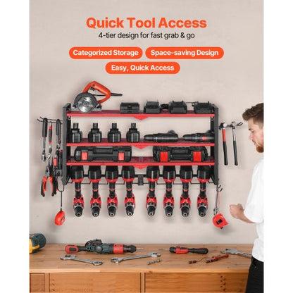 Väggmonterad verktygsorganisatör, 4-lagers förvaringsställ med 8 borrhållare, verktygshållare och förvaringsställ med sidoplatta, verktygsorganisatör för garage, arbetsbänk och verkstad |  EU