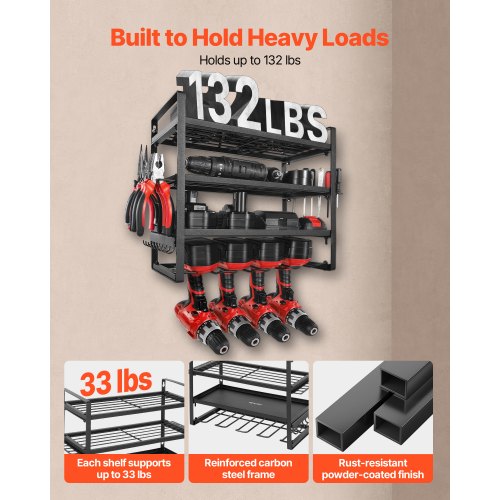 Väggmonterad verktygsorganisatör, 4-lagers förvaringsställ med 4 borrhållare, verktygshållare och förvaringsställ med skruvmejselhållare, verktygsorganisatör för garage, arbetsbänk och verkstad |  EU