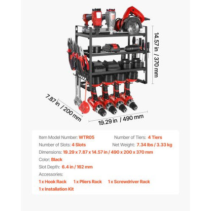 Väggmonterad verktygsorganisatör, 4-lagers förvaringsställ med 4 borrhållare, verktygshållare och förvaringsställ med skruvmejselhållare, verktygsorganisatör för garage, arbetsbänk och verkstad |  EU