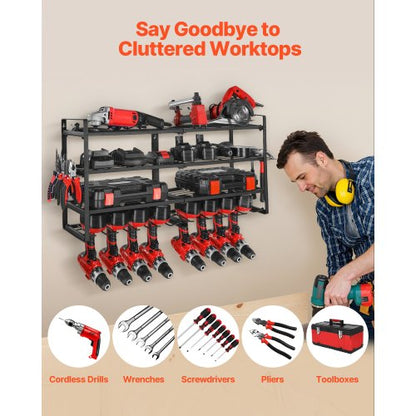 Väggmonterad verktygsorganisatör, 4-lagers förvaringsställ med 8 borrhållare, verktygshållare och förvaringsställ med skruvmejselhållare, verktygsorganisatör för garage, arbetsbänk och verkstad |  EU