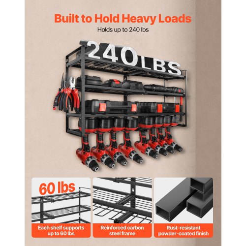 Väggmonterad verktygsorganisatör, 4-lagers förvaringsställ med 8 borrhållare, verktygshållare och förvaringsställ med skruvmejselhållare, verktygsorganisatör för garage, arbetsbänk och verkstad |  EU