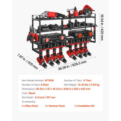 Väggmonterad verktygsorganisatör, 4-lagers förvaringsställ med 8 borrhållare, verktygshållare och förvaringsställ med skruvmejselhållare, verktygsorganisatör för garage, arbetsbänk och verkstad |  EU