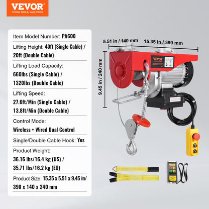 Electric Hoist Crane Winch 1320 lbs 328 ft Wireless &amp; 14 ft Wired Remote